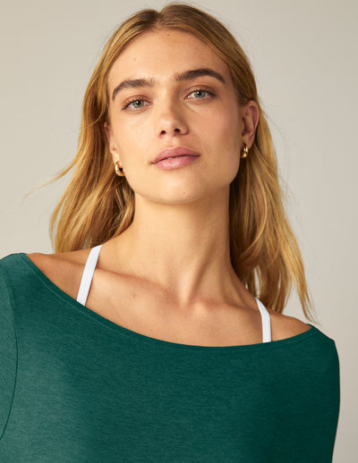 green wide neck fitted long sleeve top