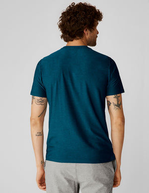 blue men's short sleeve top. 