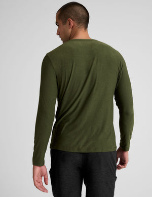 green long sleeve crew neck men's top. 