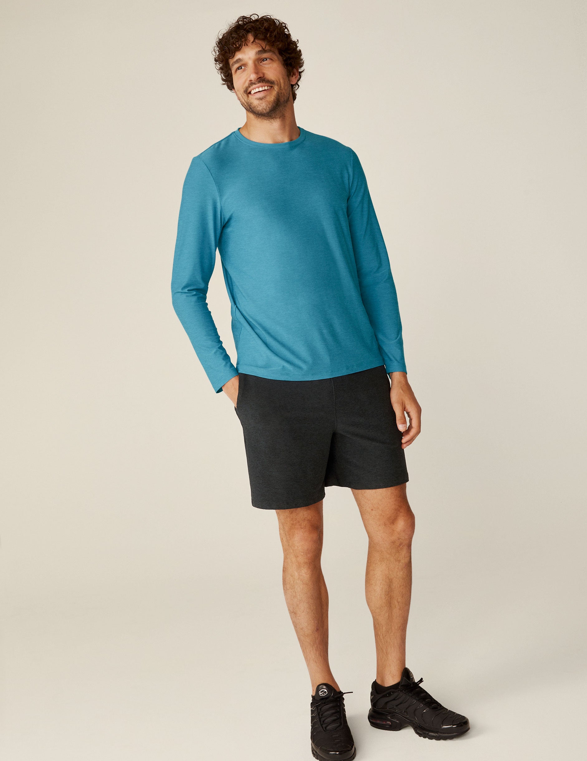 blue long sleeve men's crew neck top. 