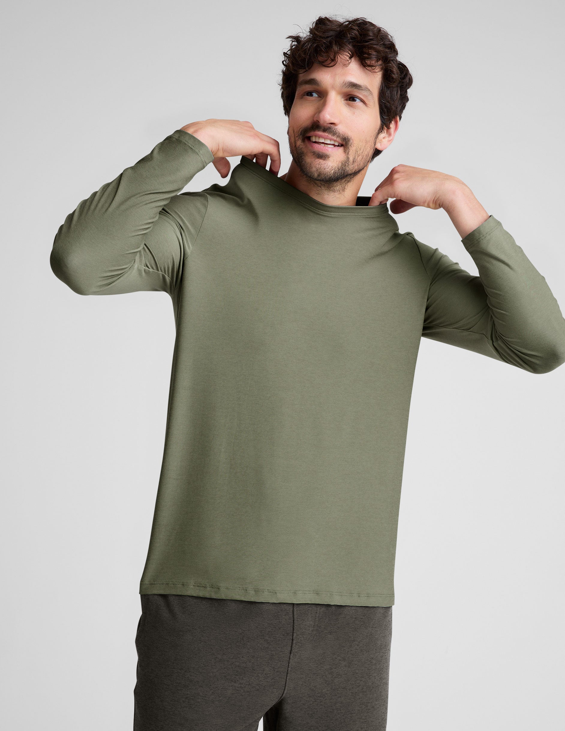 green men's long sleeve crew neck top. 