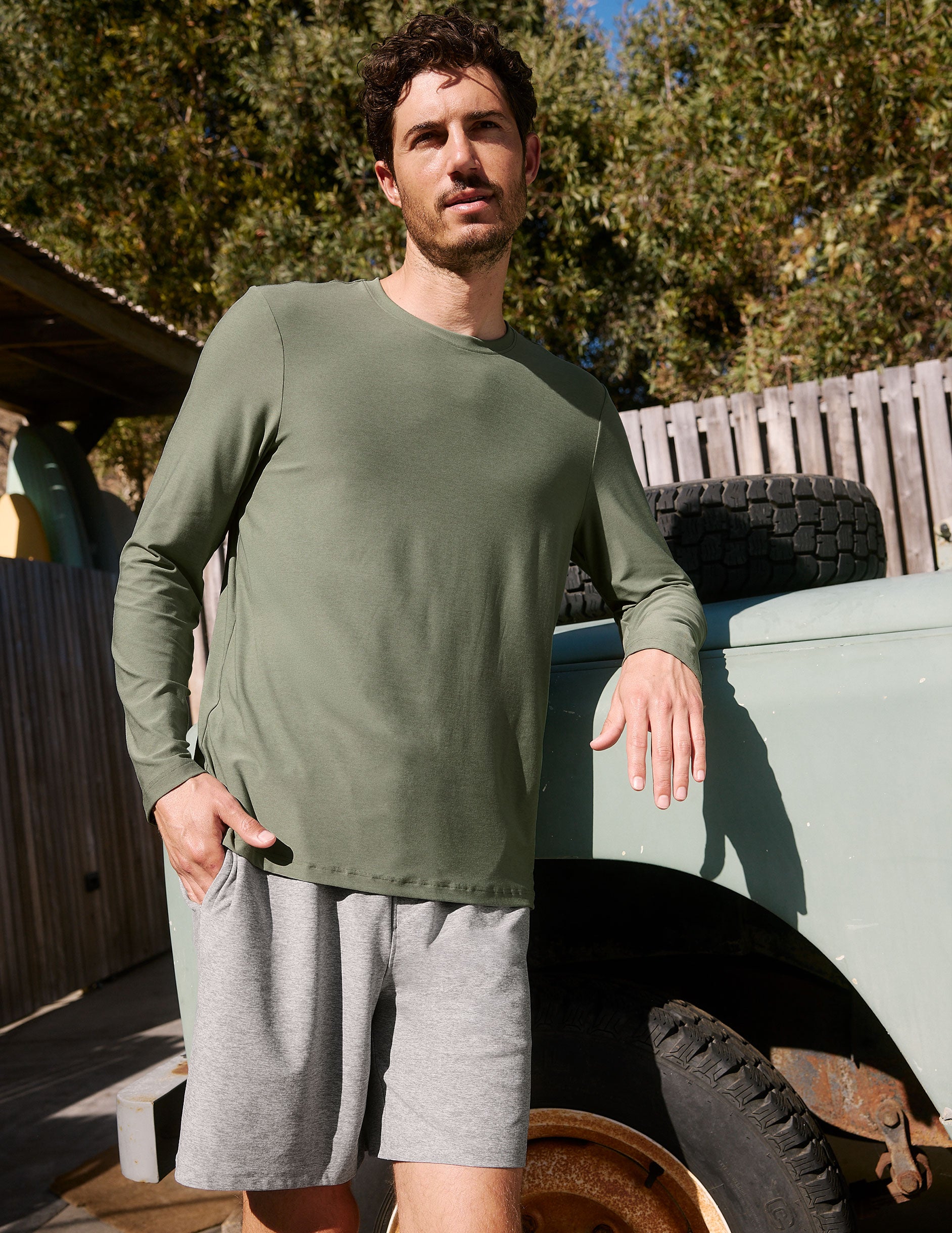 green men's long sleeve crew neck top. 