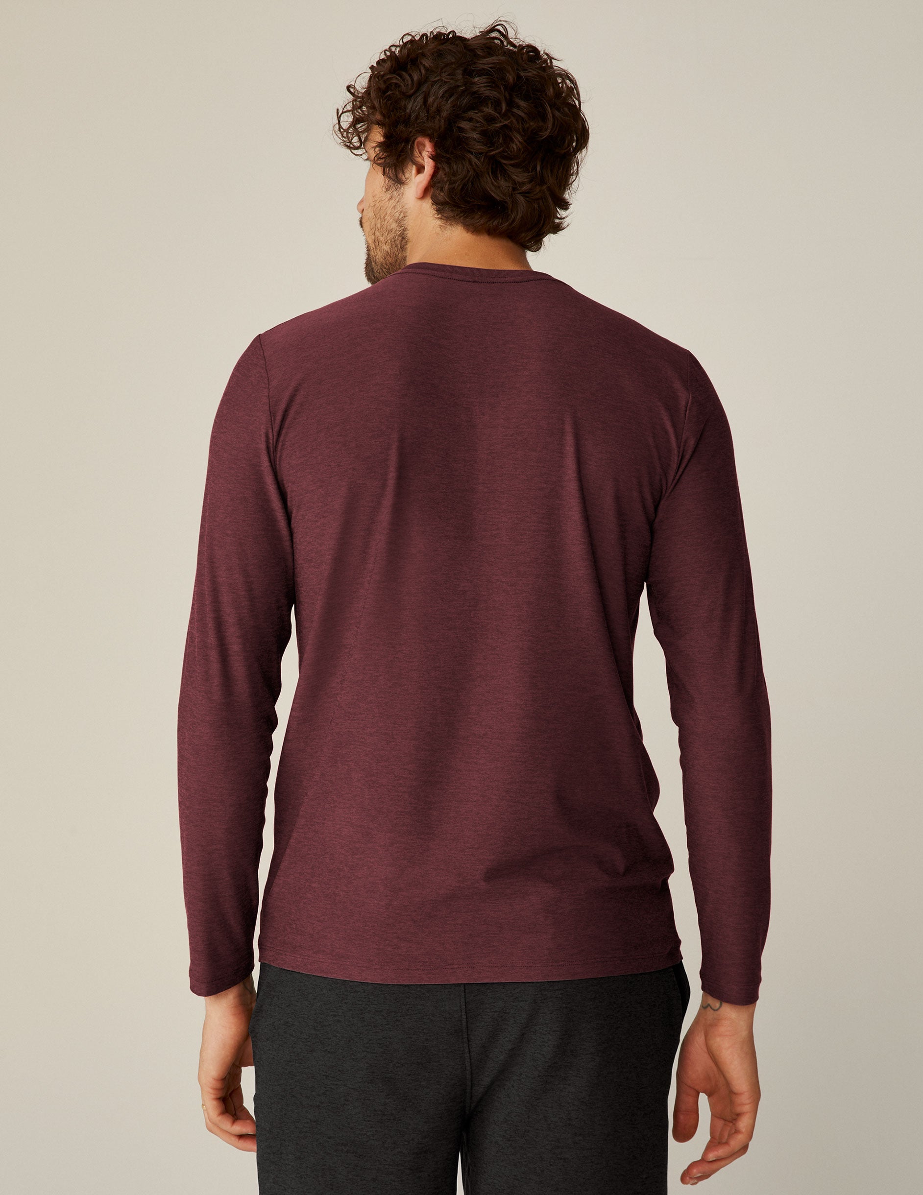 red long sleeve scoop neck mens top. 