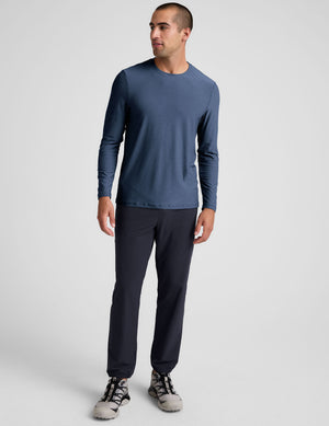 blue long sleeve crew neck men's top. 