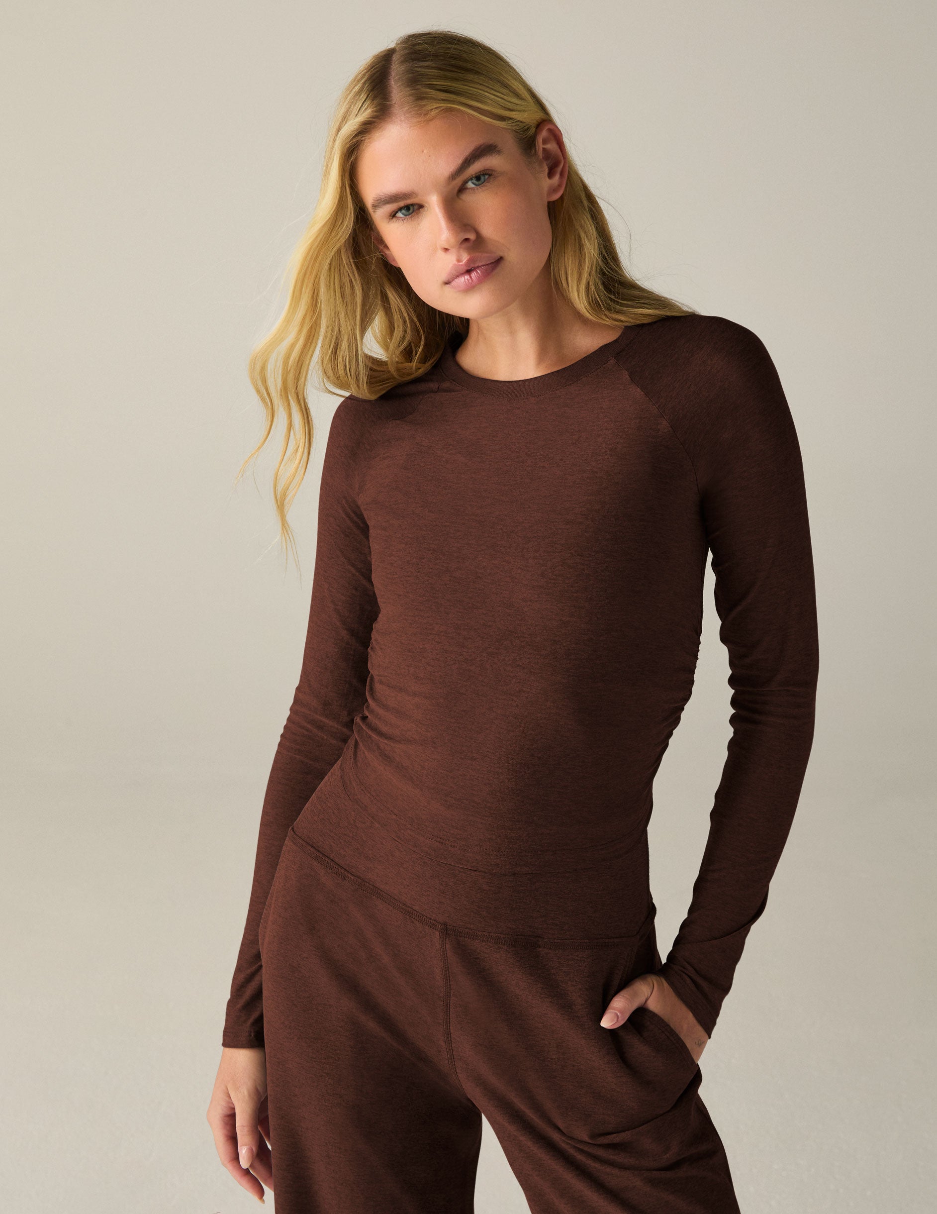 brown long sleeve top.