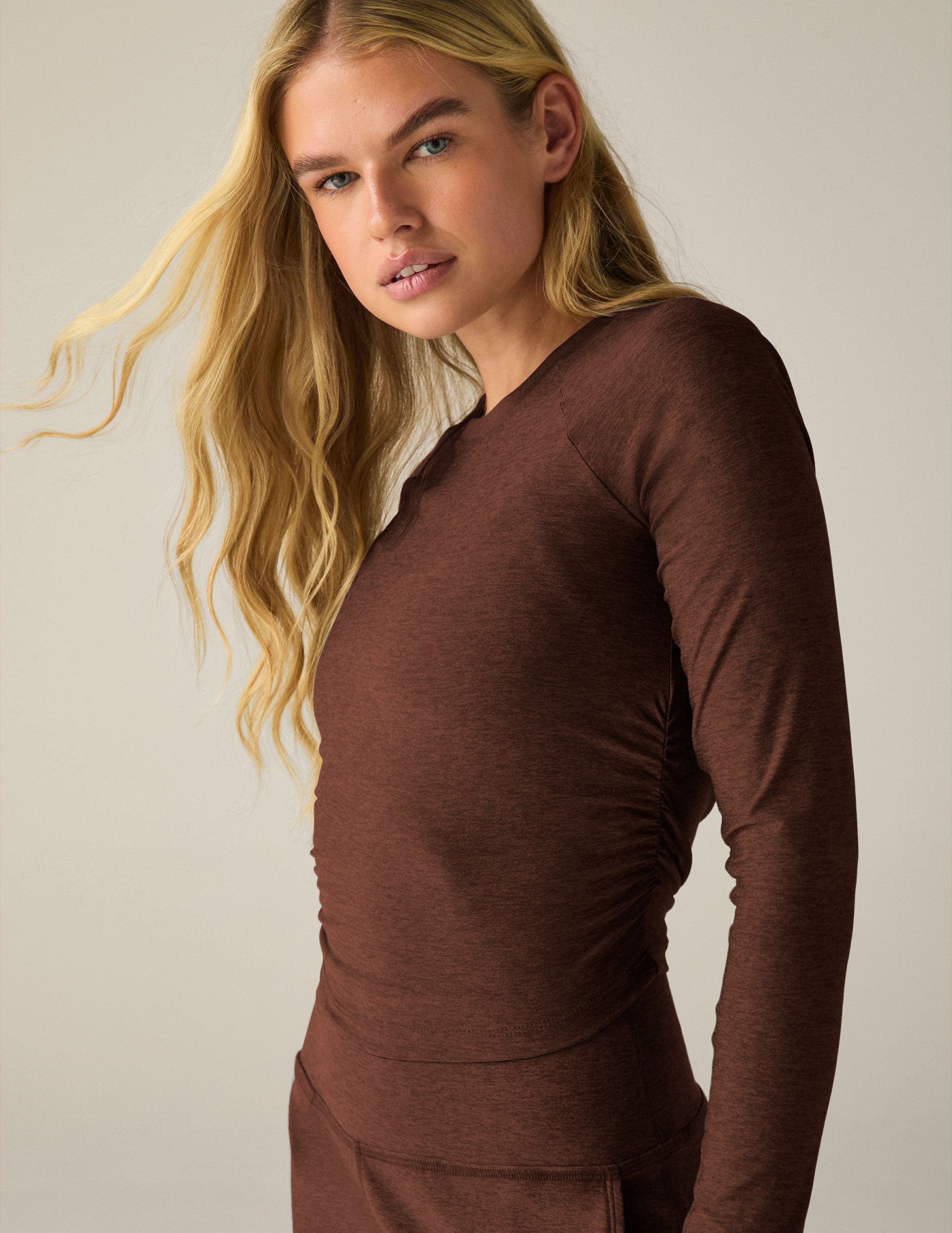 brown long sleeve top.