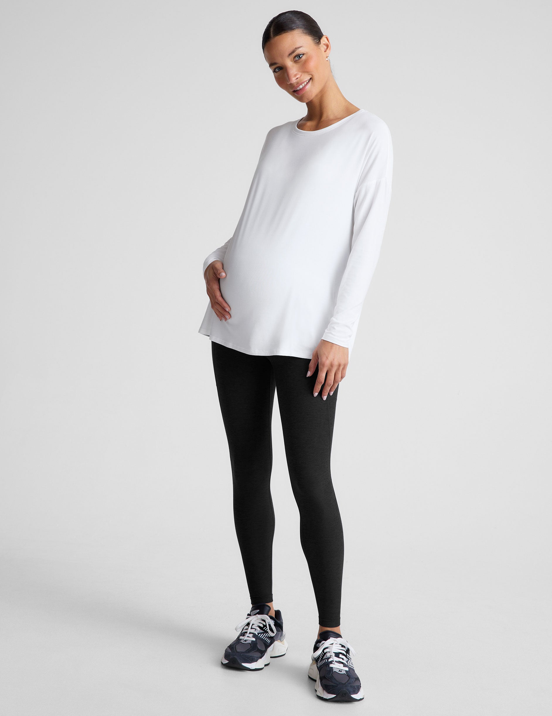 white long sleeve crew neck maternity top. 