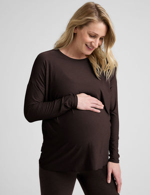 brown long sleeve crew neck maternity top. 