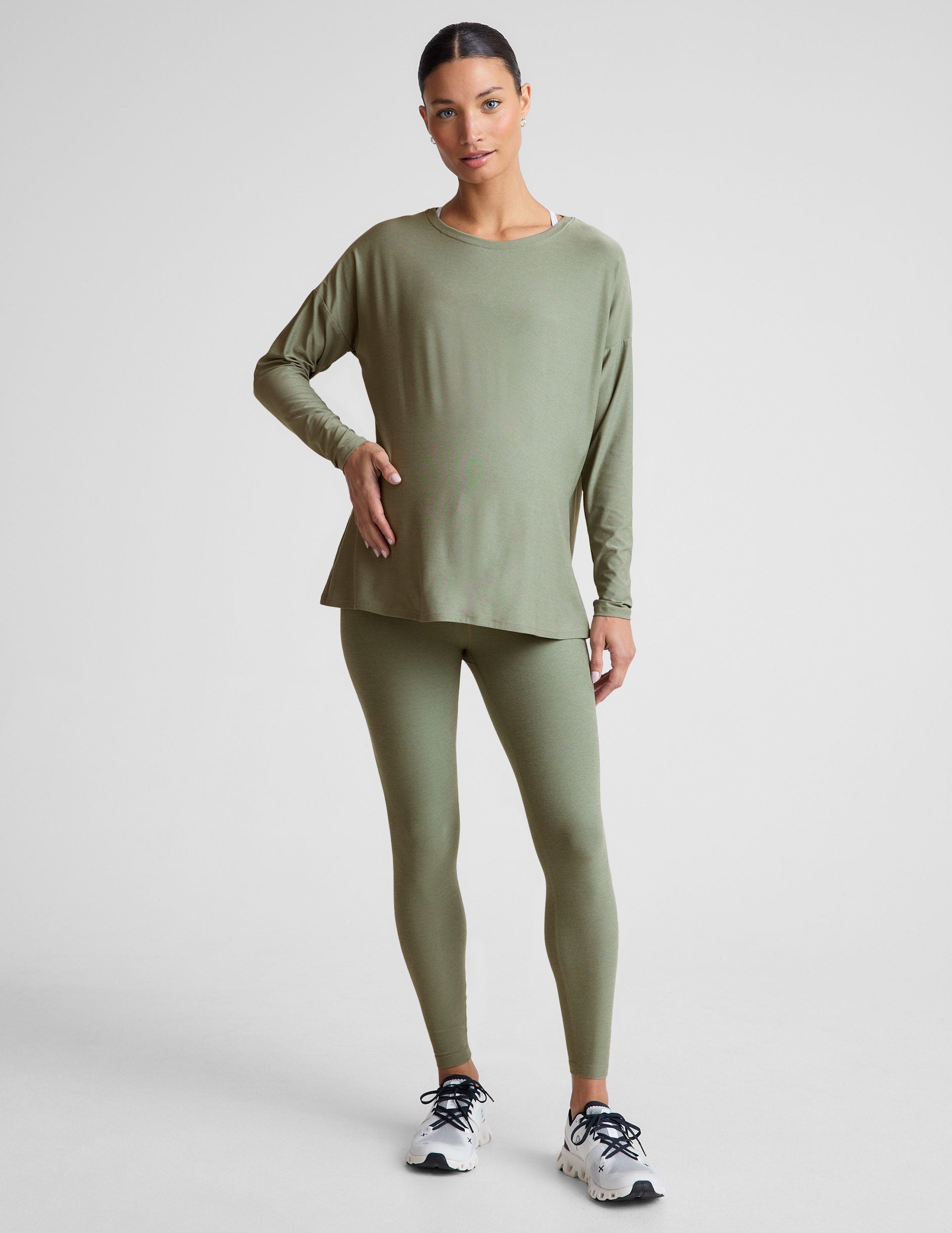 green long sleeve long length maternity top. 