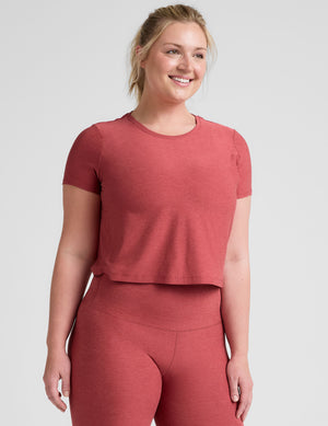 red relaxed fit scoop neck cropped t-shirt. 