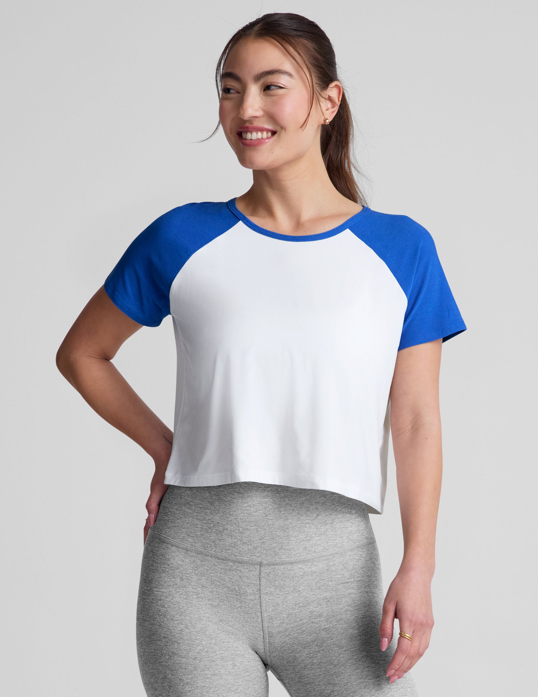 white short sleeve top with blue sleeves