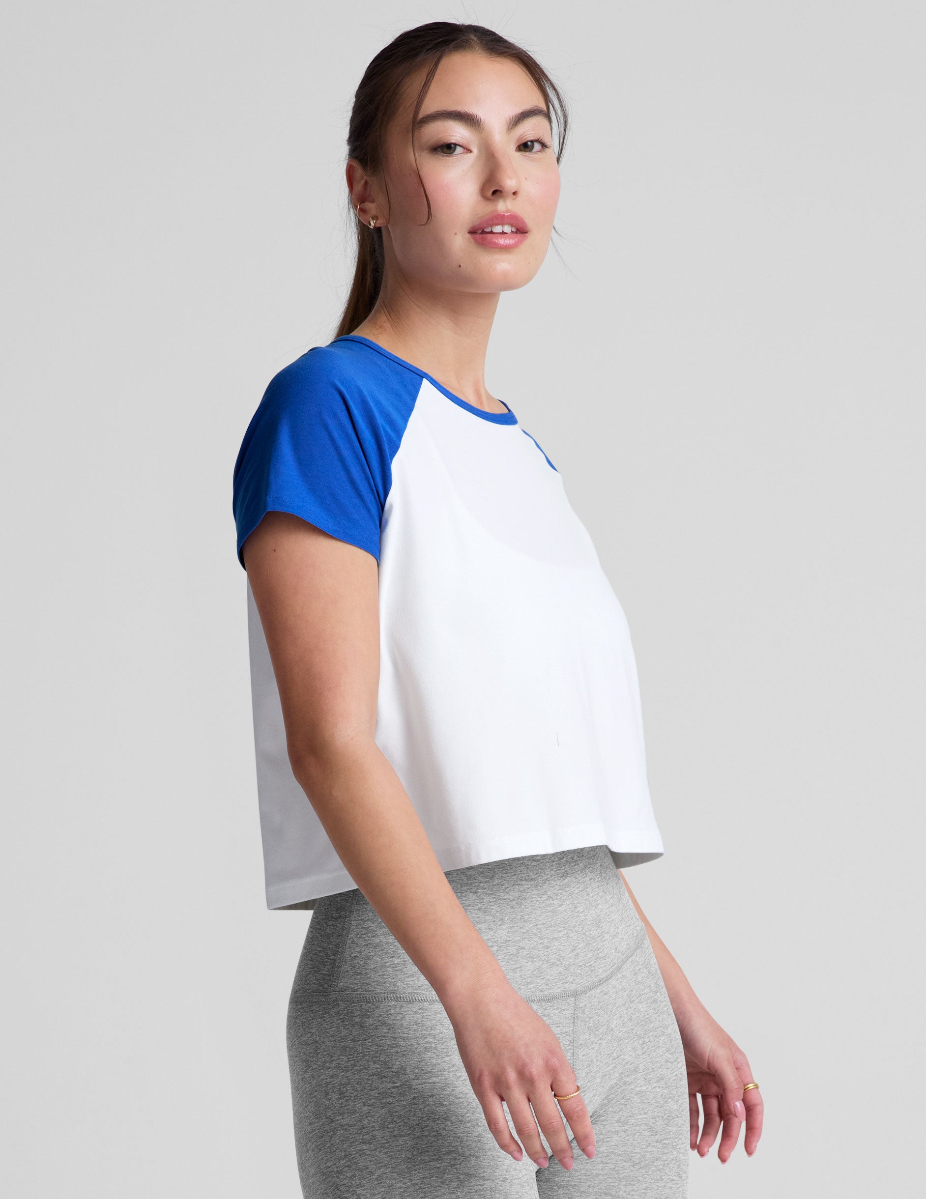 white short sleeve top with blue sleeves