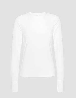 white crew neck long sleeve with thumb holes. 