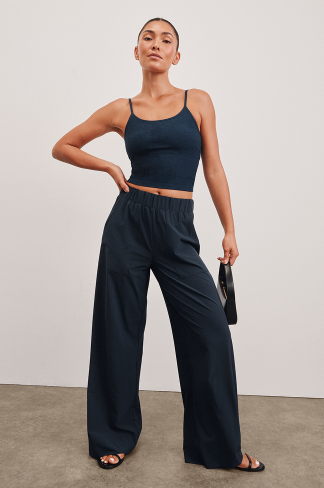 blue wide leg pants with pockets. 
