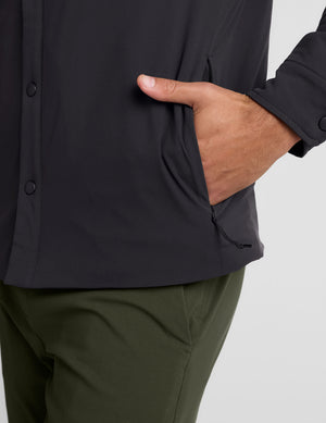 black men's button up insulated jacket with a shirt collar and side seam invisible zipper pockets. 