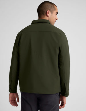 green men's button up insulated jacket with a shirt collar and side seam invisible zipper pockets. 