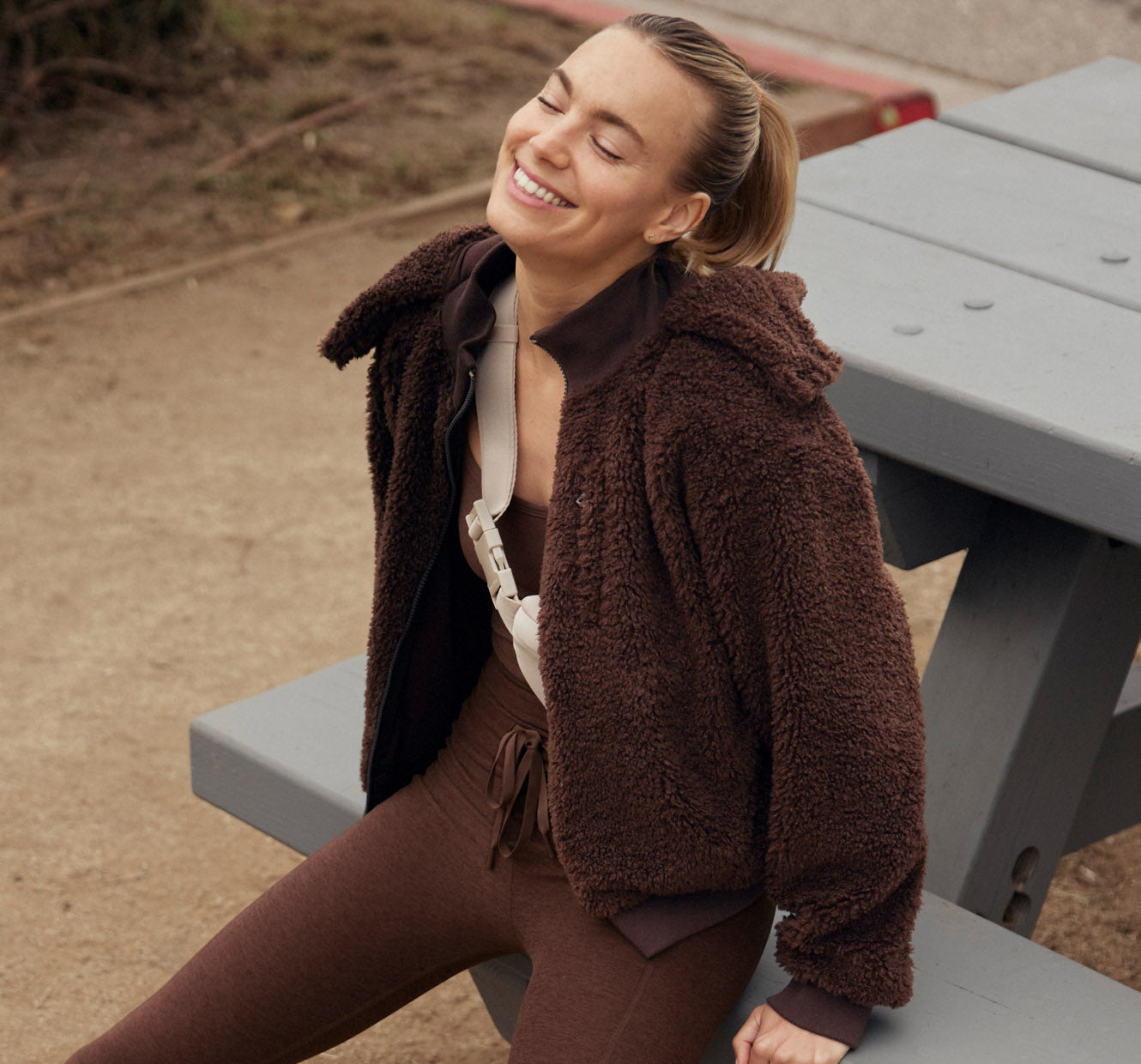 brown furry zip up jacket