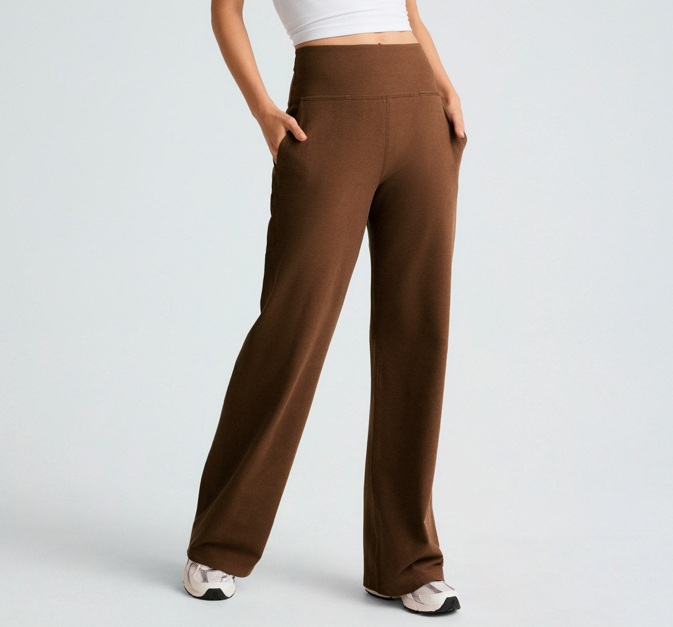 brown midi wide leg pant with pockets at sides