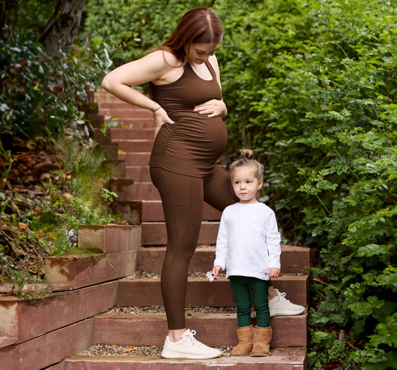 brown maternity top and midi leggings