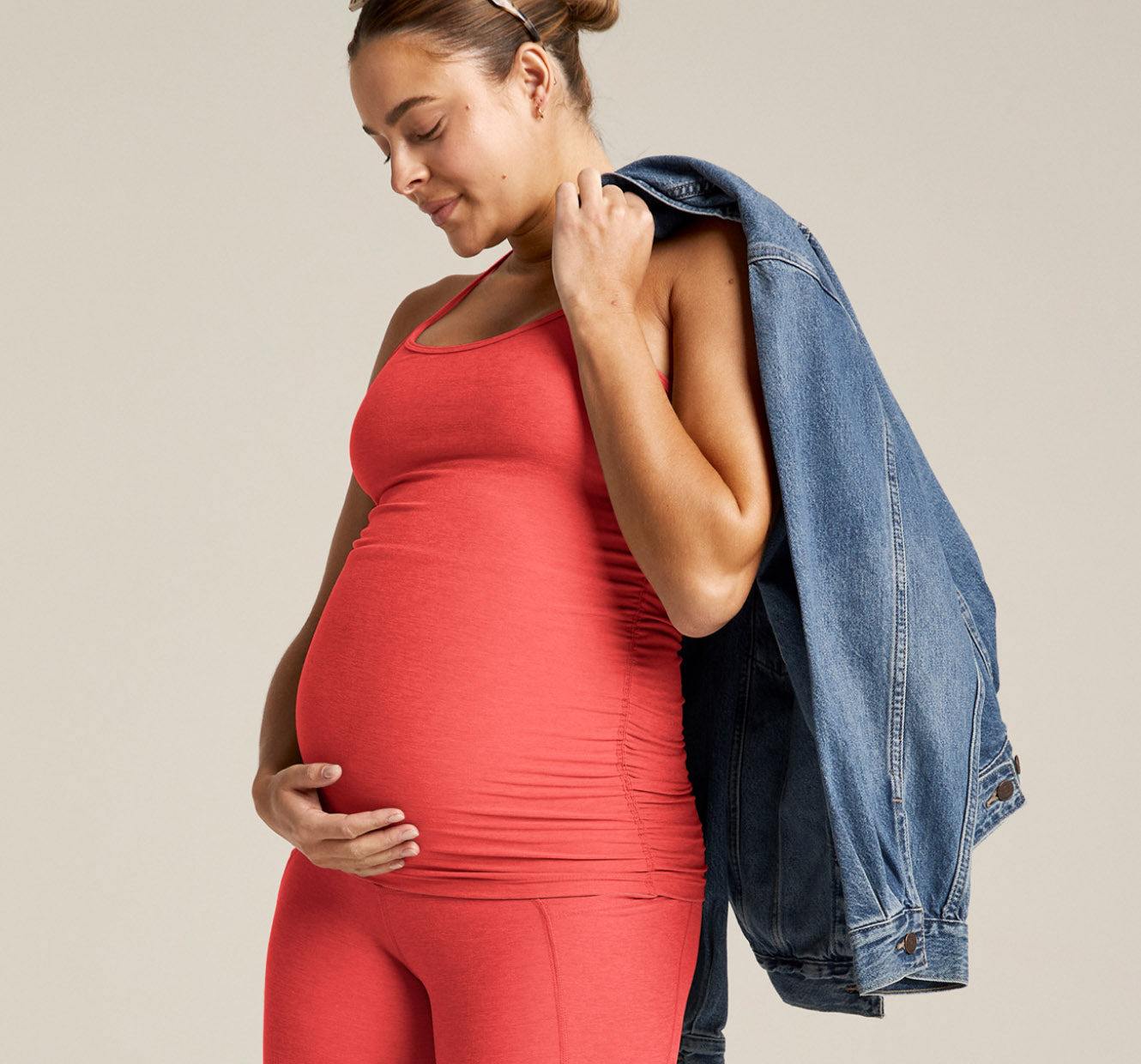 pink maternity tank and midi leggings