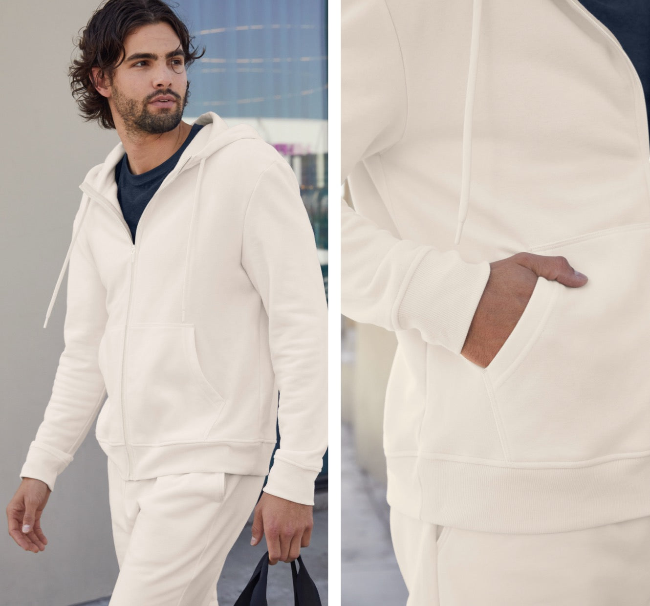 model is wearing a white men's zip-up hooded jacket. 