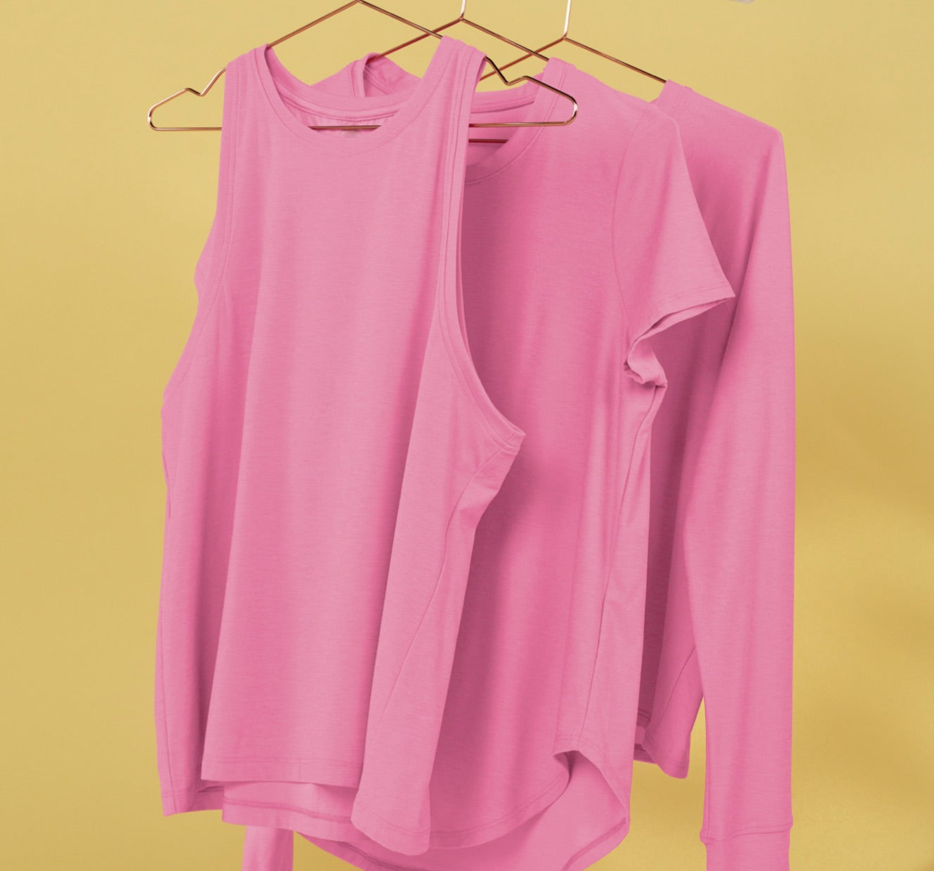pink tank top, pink short sleeve top, pink long sleeve top. 