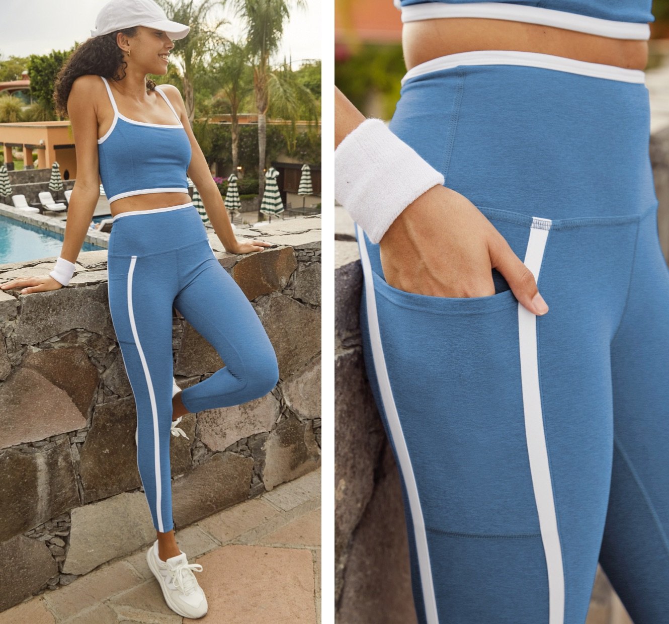 model is wearing a blue cropped tank top with white lining and blue high-waisted midi leggings with white lining. 