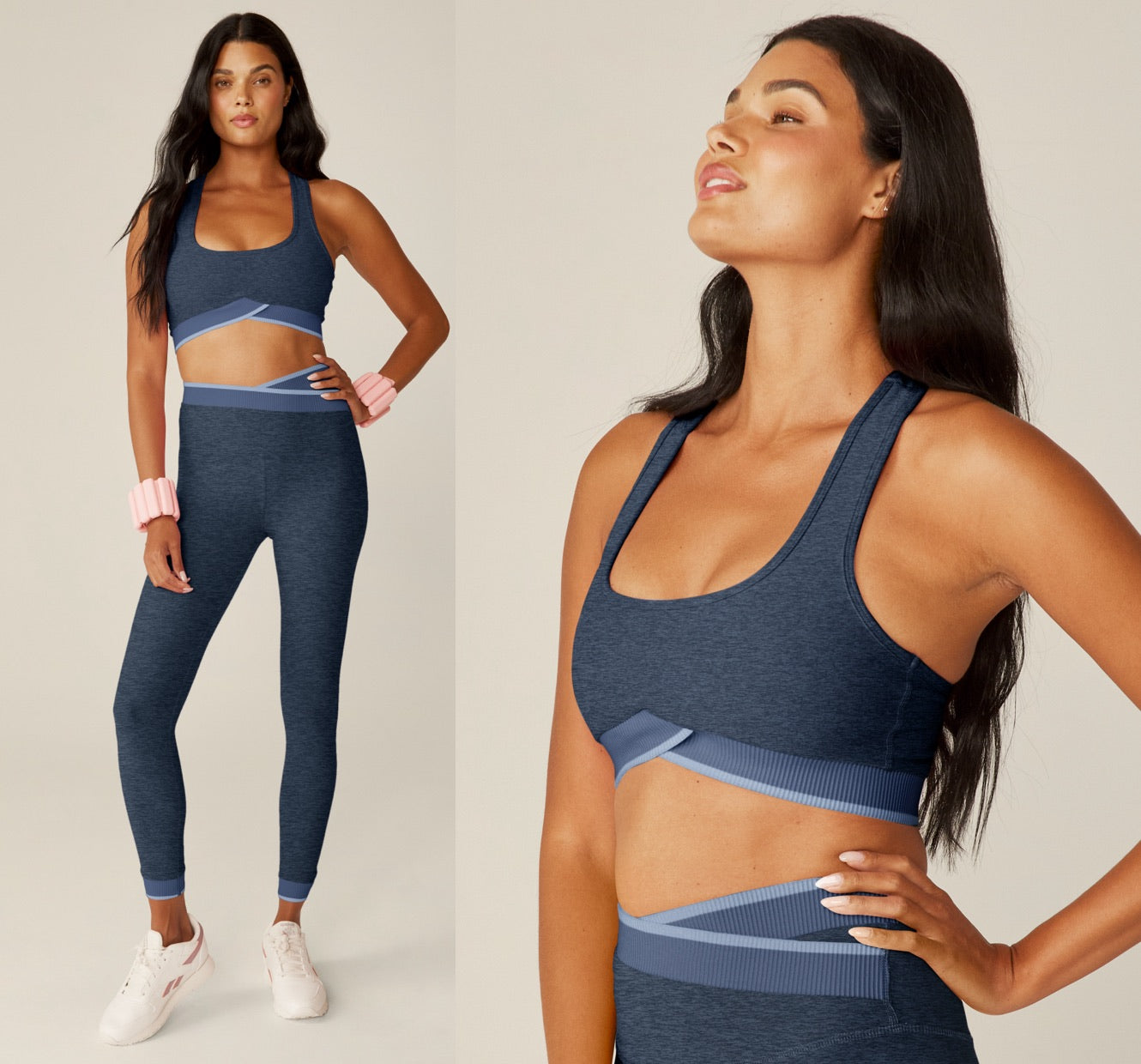 model is wearing a blue bra top with a crossover band and blue high-waisted midi leggings with outline detailing along the waistband and ankles.  