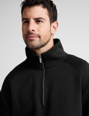 A man wearing a black quarter-zip pullover sweater with a high collar, shown from the chest up against a light gray studio background.