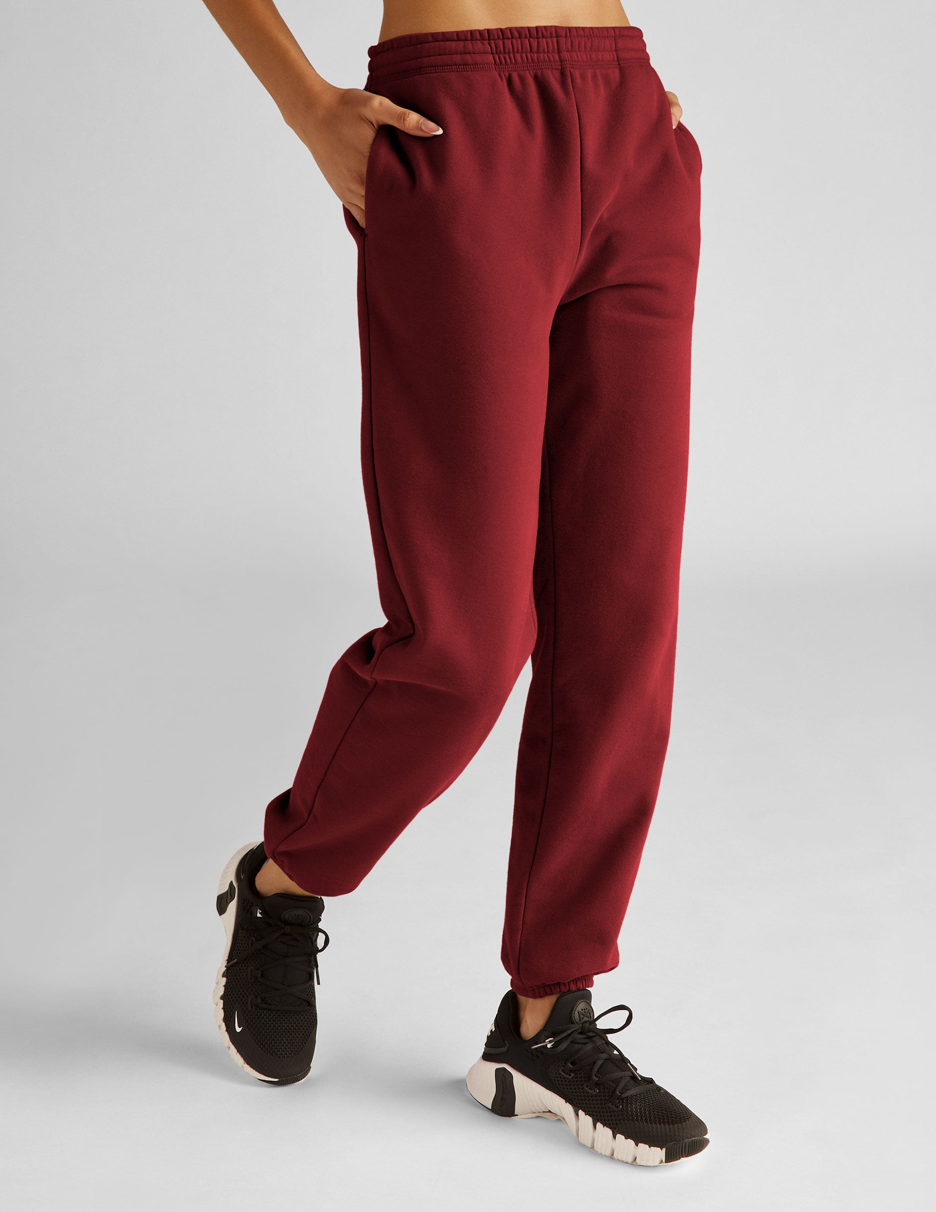 red fleece jogger sweatpants. 