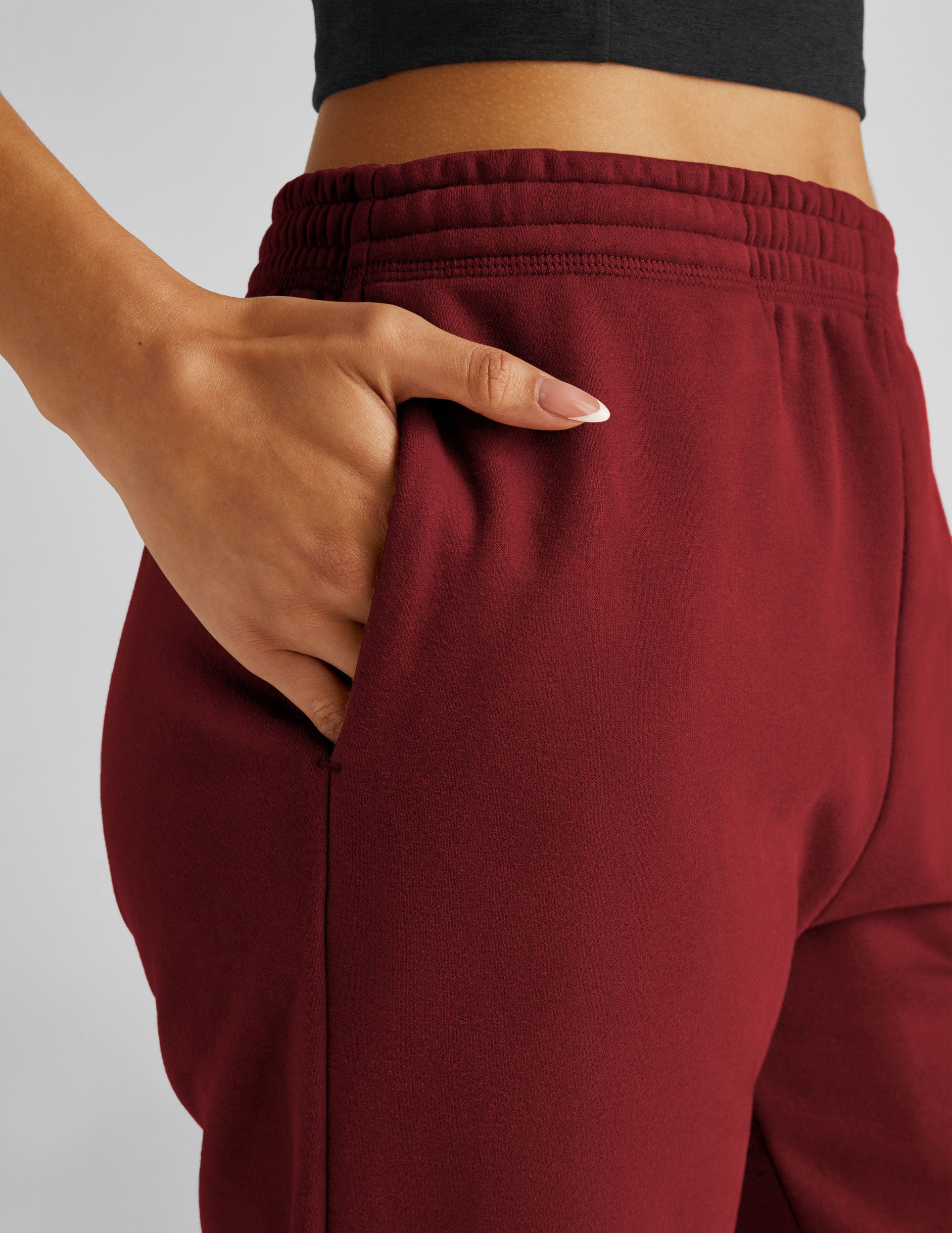 red fleece jogger sweatpants. 