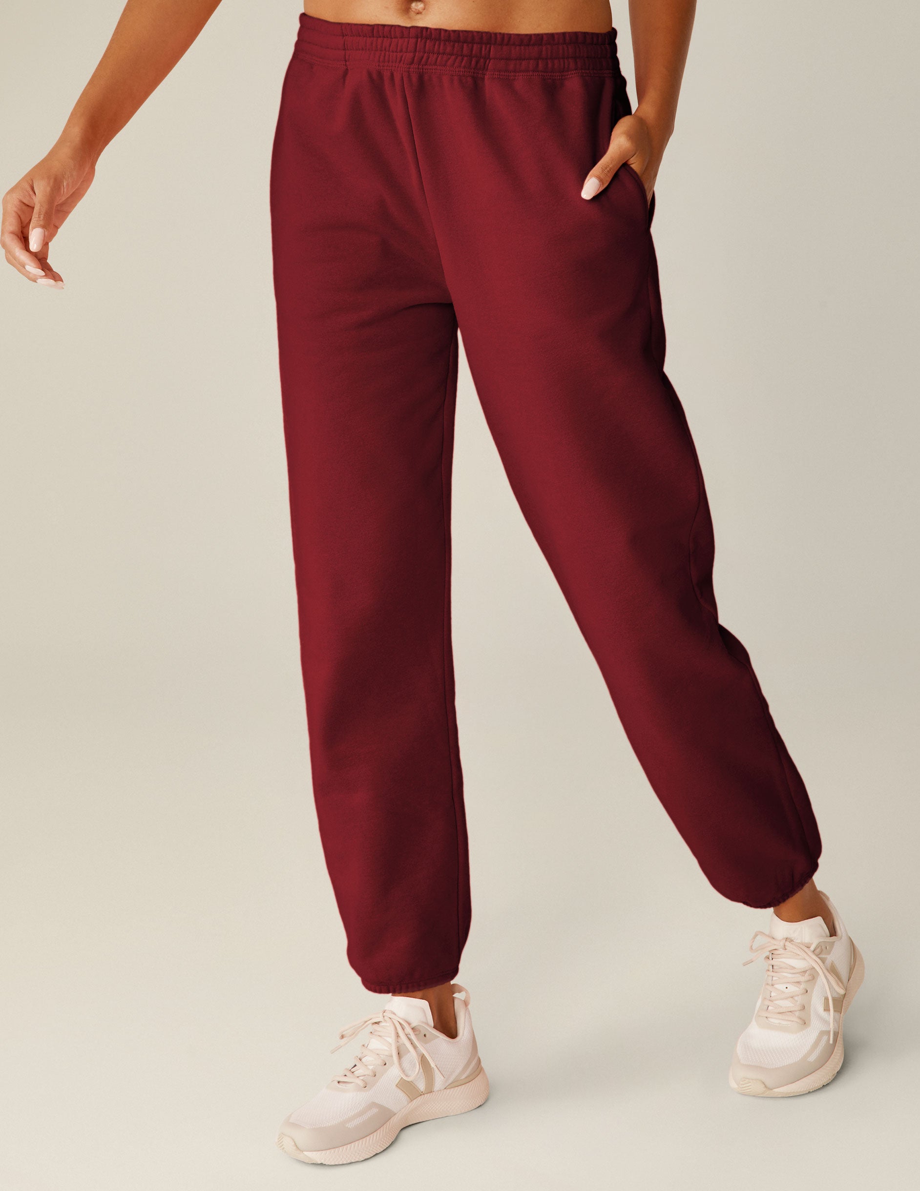 red fleece jogger sweatpants. 