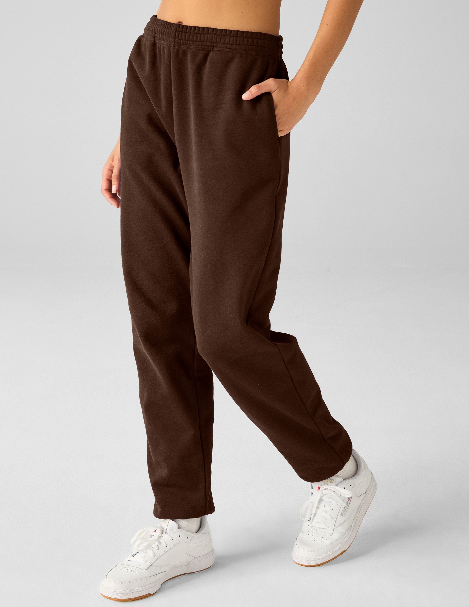 brown jogger style sweatpants with pockets. 