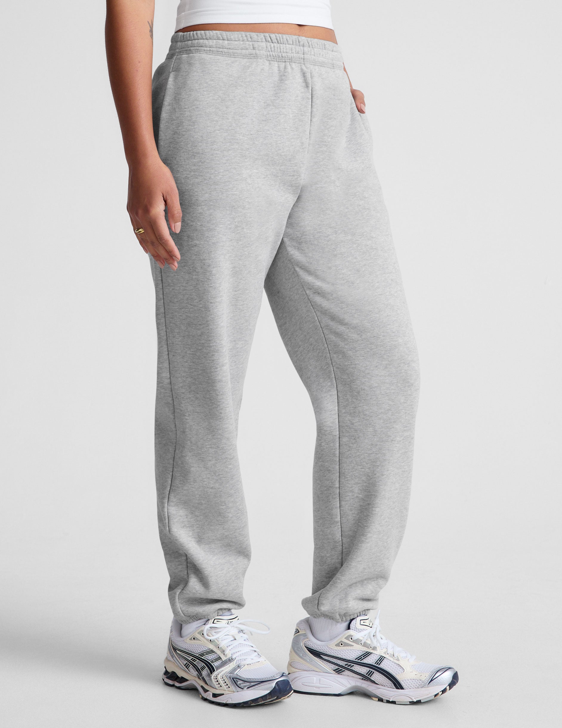 gray midi fleece joggers with pockets. 