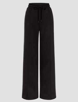 Black LuxeFleece Pintuck Wide Leg Pant with an elastic drawstring waistband and vertical front stitch detailing.