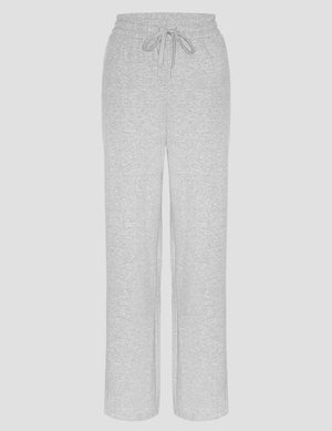 grey mid-rise wide leg sweatpants with side slits and a drawcord at waistband. 