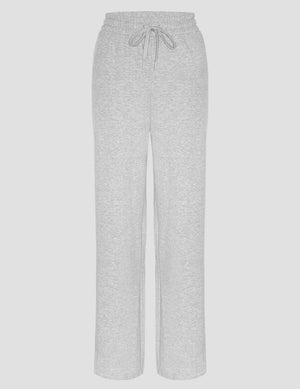Light gray LuxeFleece Side Slit Wide Leg Pant with an elastic drawstring waist and relaxed, straight wide-leg fit.