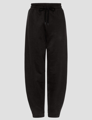 Black LuxeFleece Barrel Sweatpant with a drawstring elastic waist, front pockets, and a relaxed, curved barrel-leg shape.