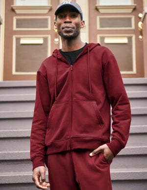 red men's zip-up hooded jacket with pockets. 
