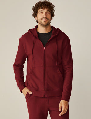 red men's zip-up hooded jacket with pockets. 