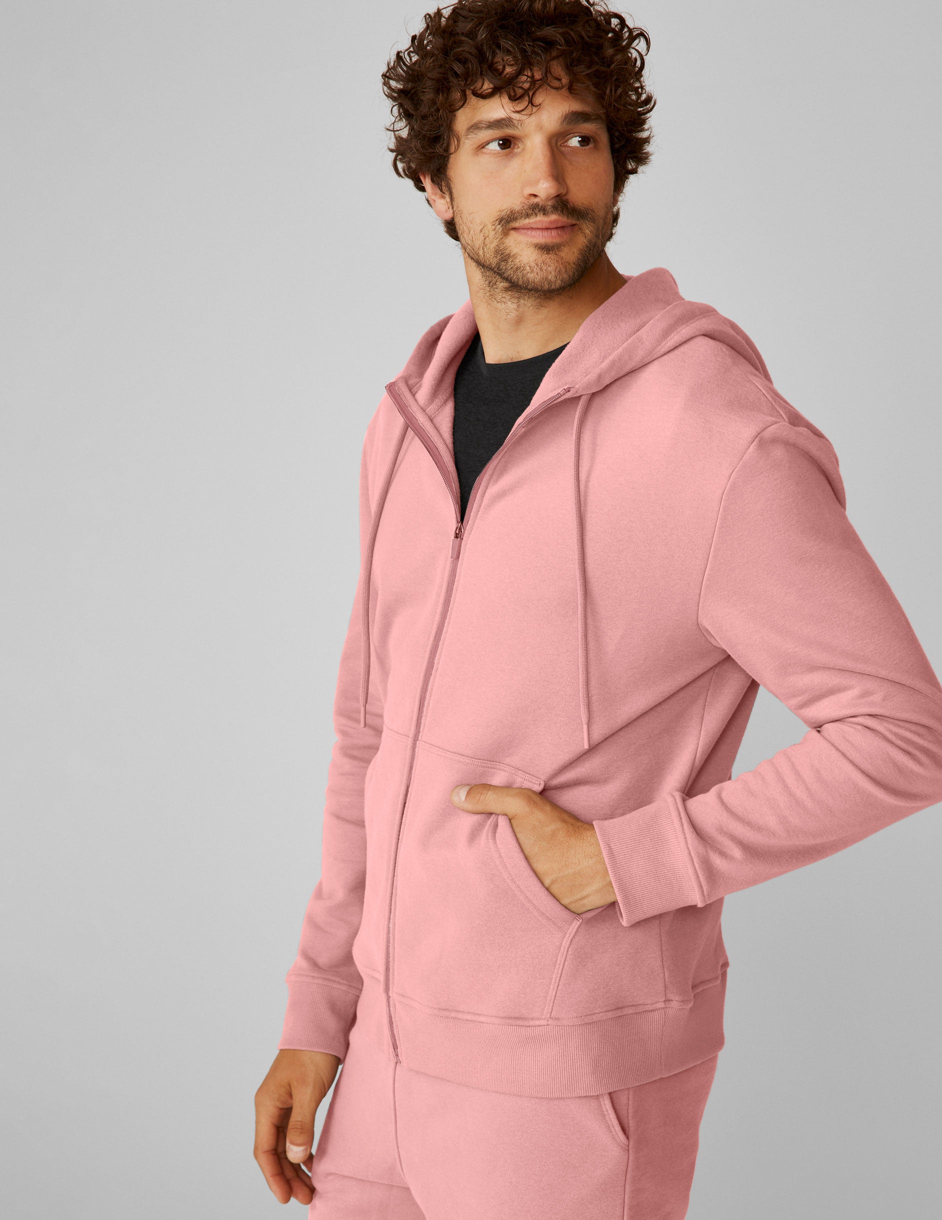 pink men's zip-up hooded jacket. 