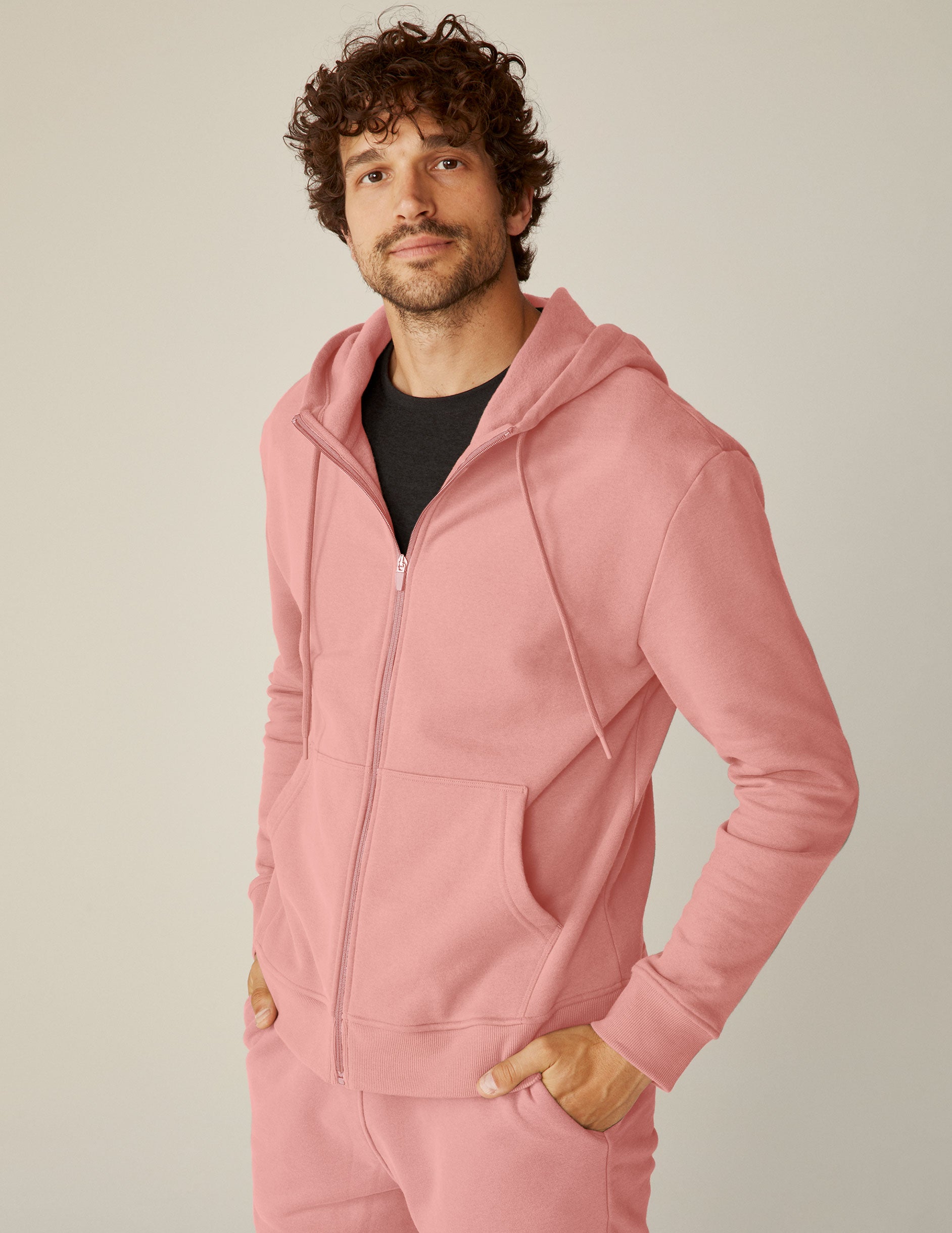 pink men's zip-up hooded jacket. 