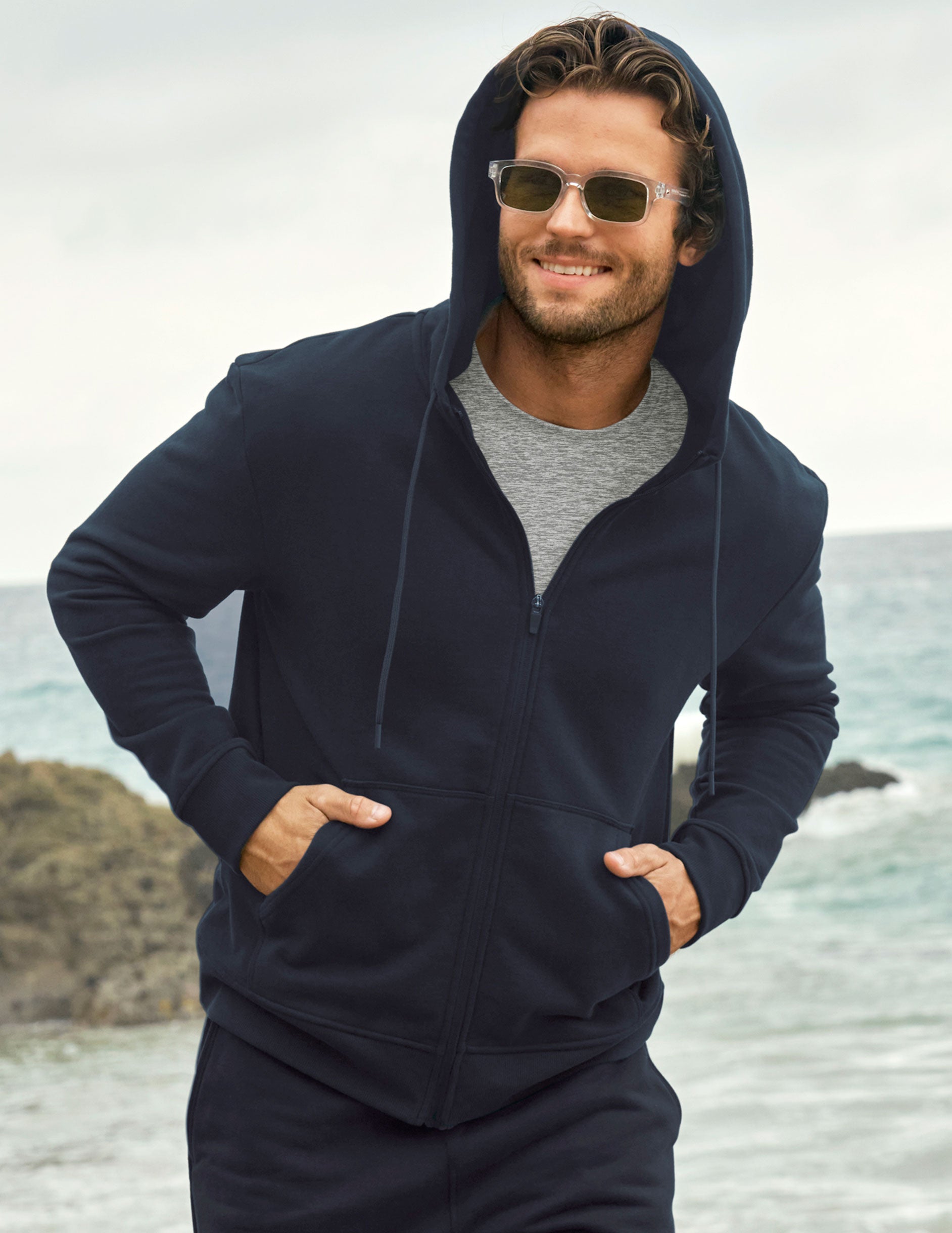 blue mens zip-up jacket with a hoodie.