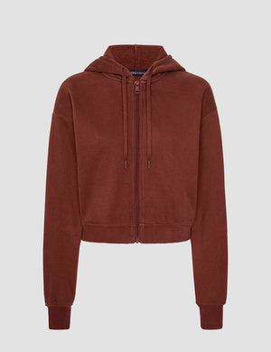 brown fleece zip-up jacket with a drawstring hood. 