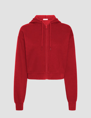 red fleece zip-up jacket with a drawstring hood. 