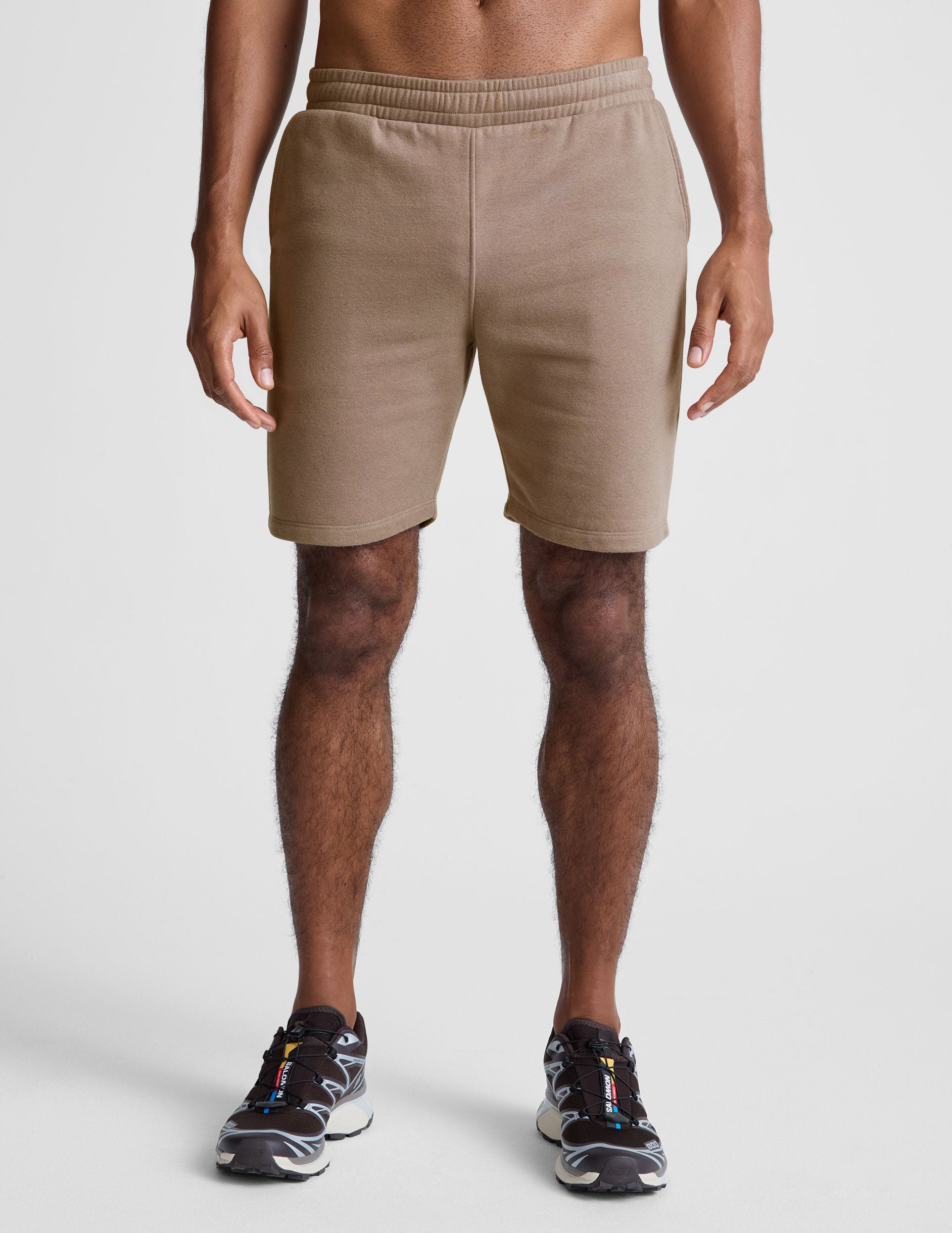 brown mens sweat shorts with pockets.