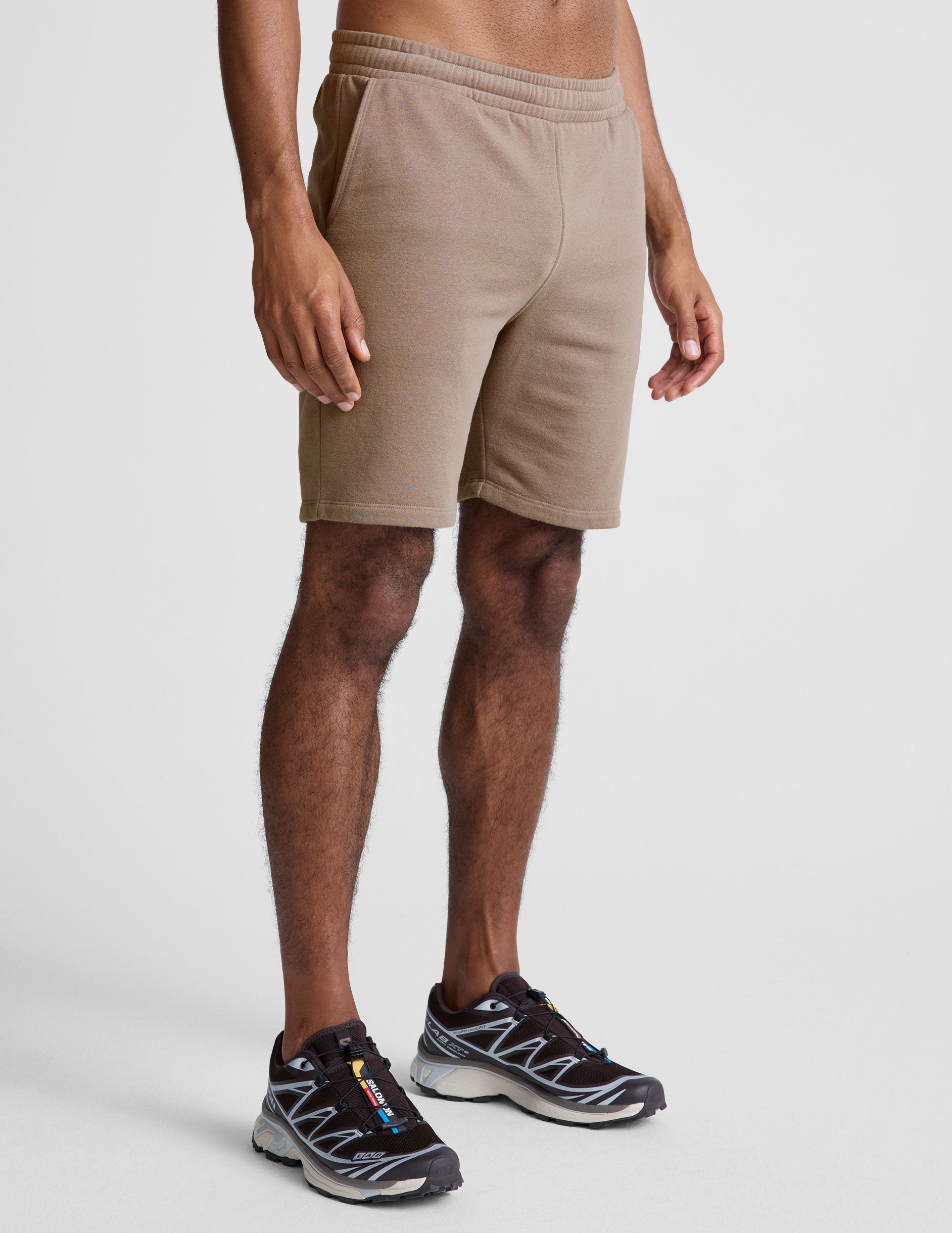 brown mens sweat shorts with pockets.