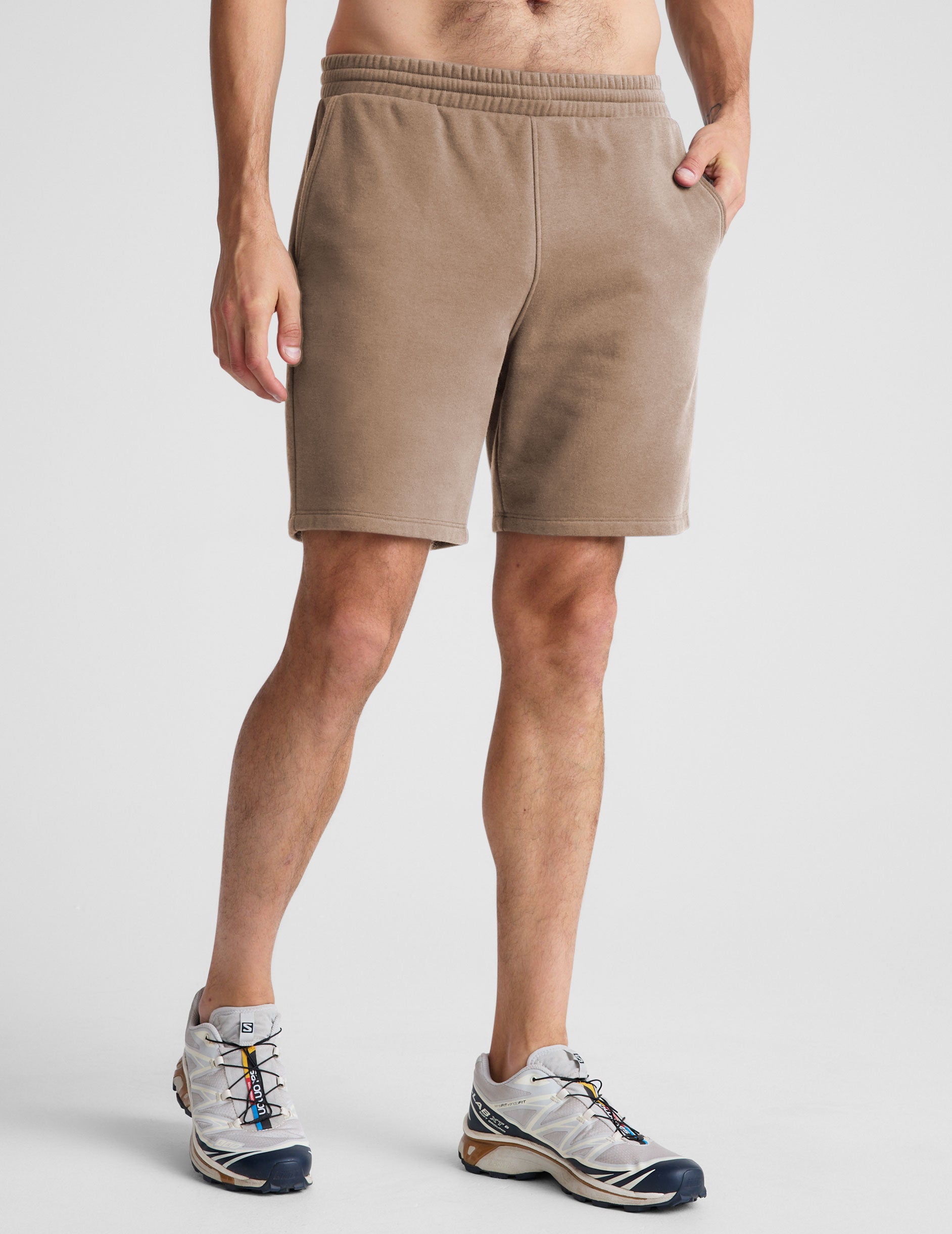 brown mens sweat shorts with pockets.