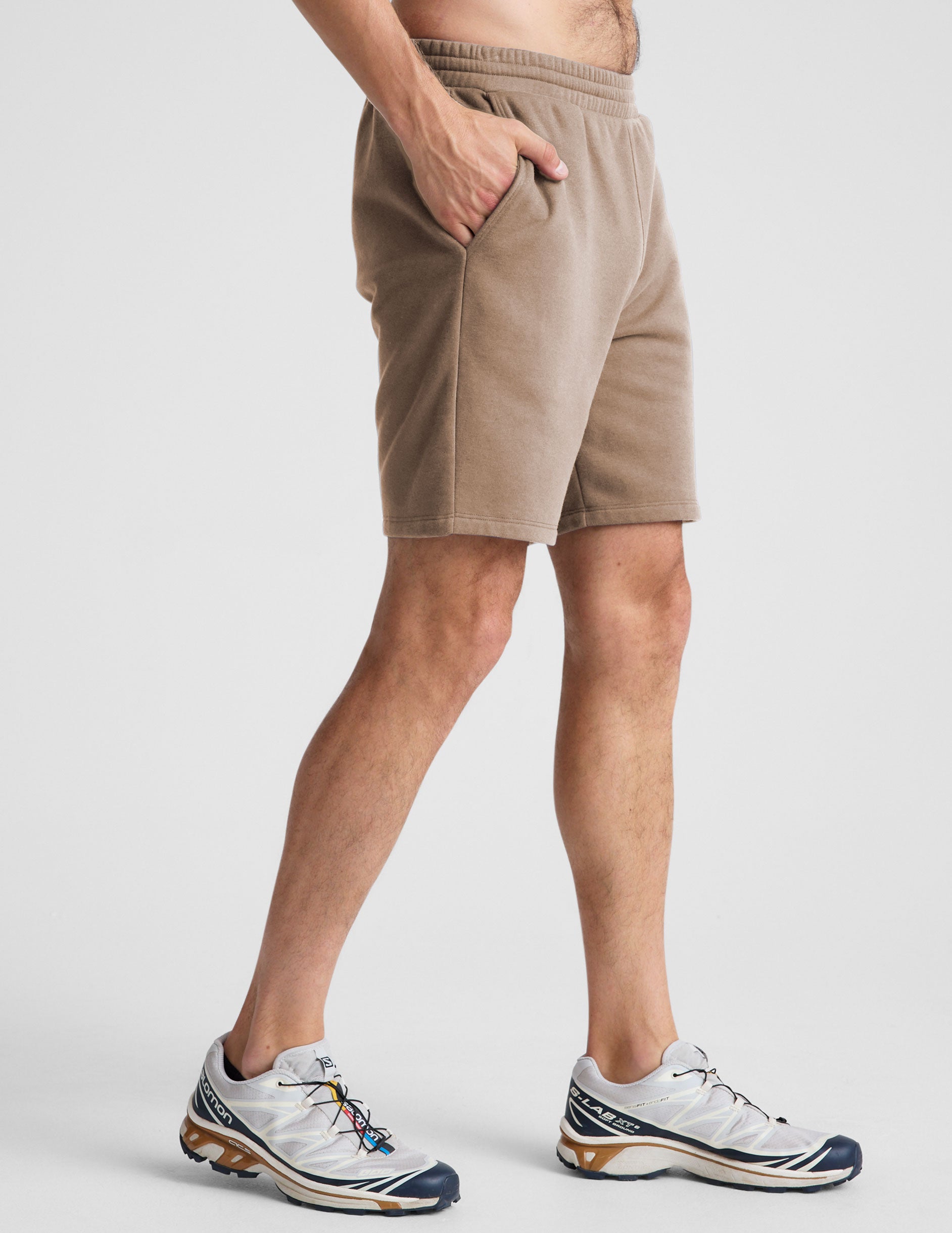 brown mens sweat shorts with pockets.