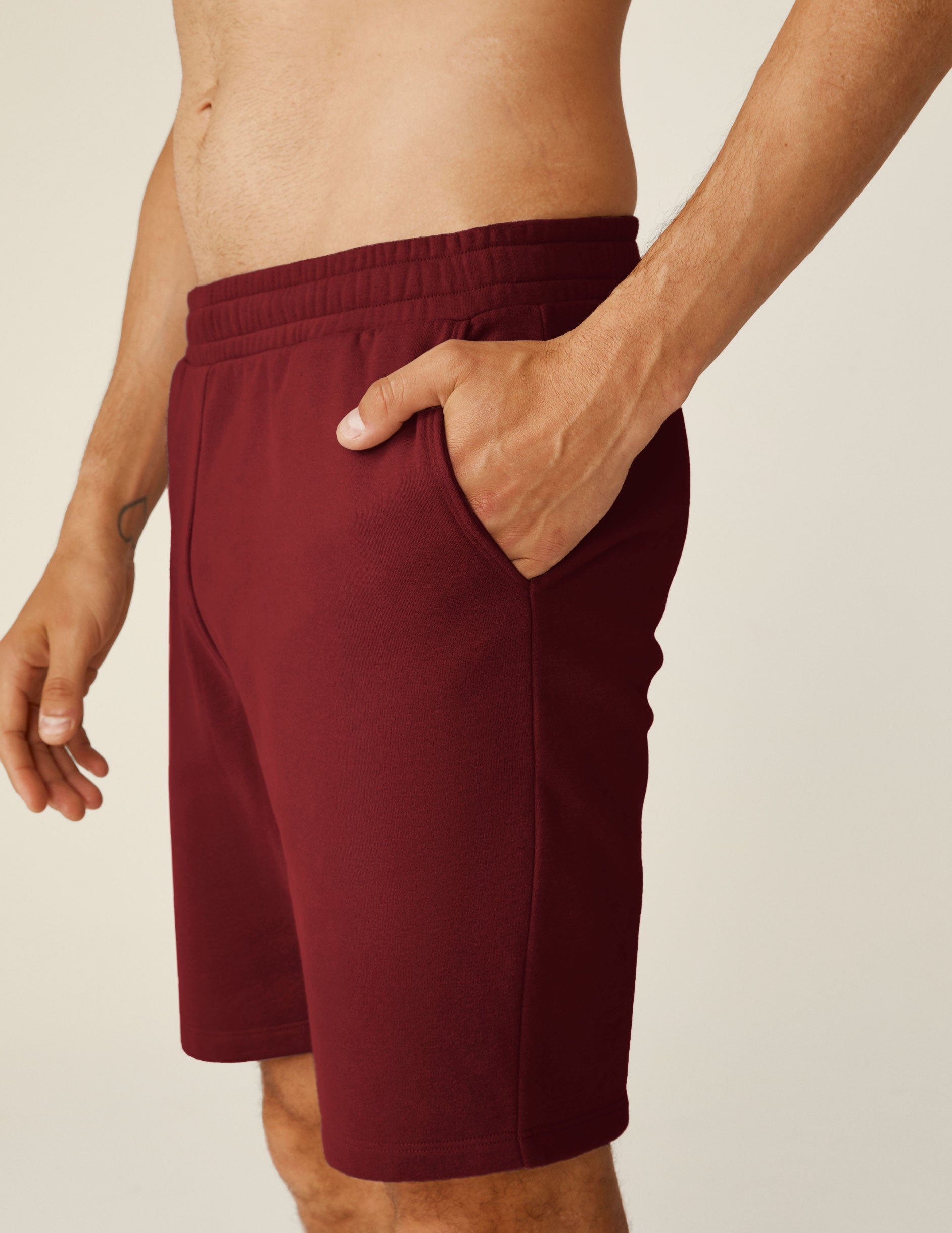 red men's sweat shorts with pockets. 